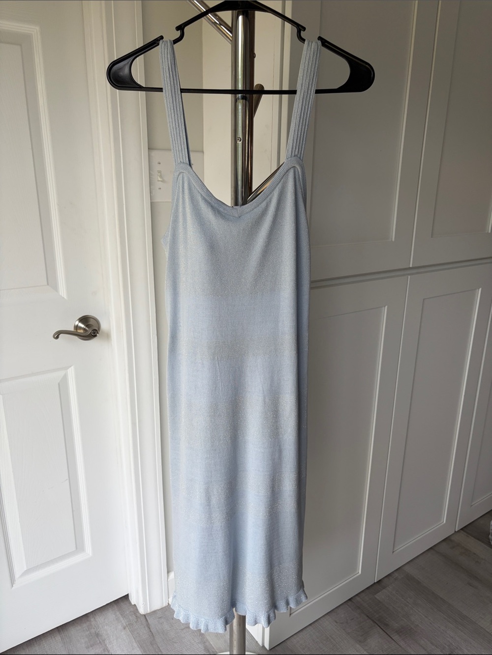 IISLI Sky Blue Midi Slip Dress with Ruffled Hem, Size M.